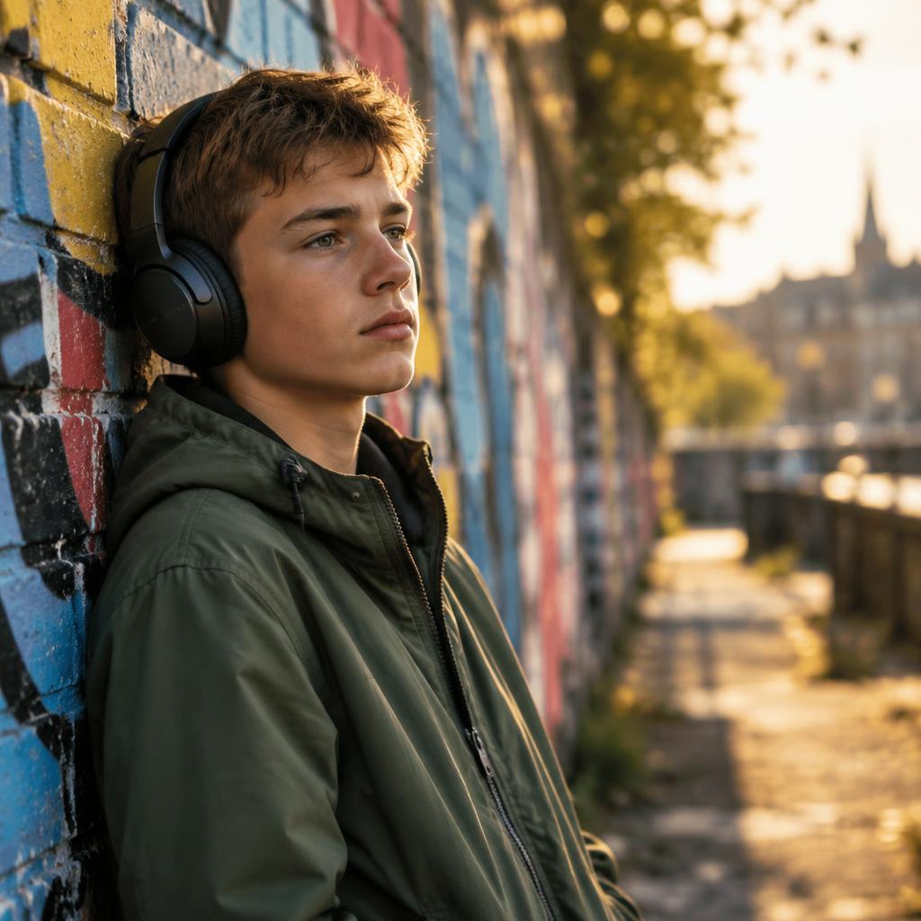 Teenage boy with headphones leaning against a colourful graffiti wall